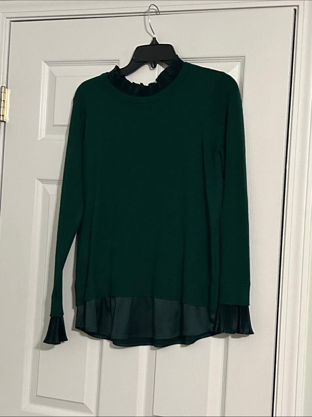Milano Dark Green Long Sleeve Pleated Trim Blouse